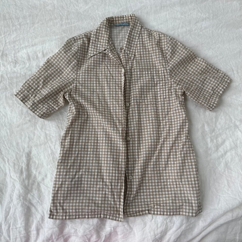 Prada Tan/White Gingham Short Sleeve Shirt - Size 38